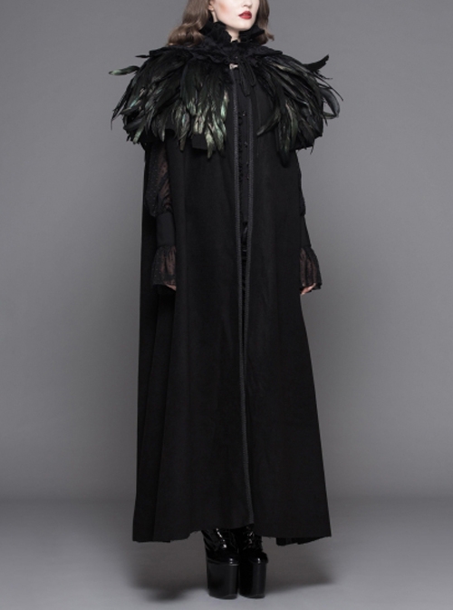 Gothic Style Handsome 3D Detachable Feather Ribbon With Warm Wool Black Hooded Cape