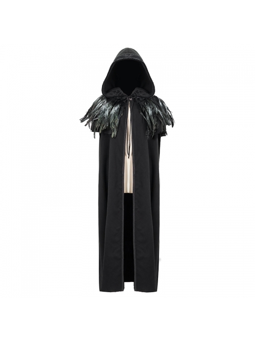 Gothic Style Handsome 3D Detachable Feather Ribbon With Warm Wool Black Hooded Cape