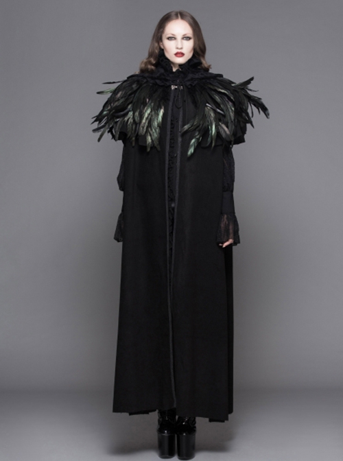 Gothic Style Handsome 3D Detachable Feather Ribbon With Warm Wool Black Hooded Cape