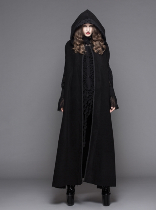 Gothic Style Handsome 3D Detachable Feather Ribbon With Warm Wool Black Hooded Cape