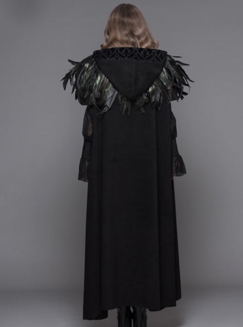 Gothic Style Handsome 3D Detachable Feather Ribbon With Warm Wool Black Hooded Cape
