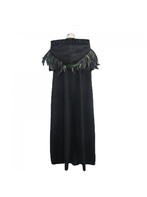 Gothic Style Handsome 3D Detachable Feather Ribbon With Warm Wool Black Hooded Cape