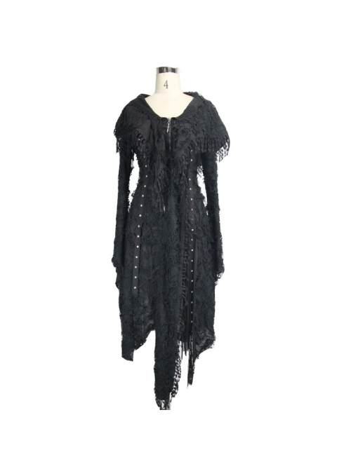 Punk Style Personality Asymmetrical Chest Beaded Lace Decoration Knitted Trumpet Sleeves Black Tassel Hooded Coat