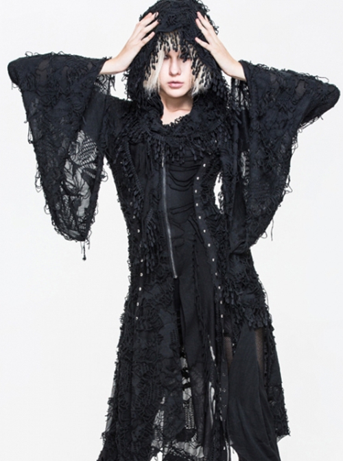 Punk Style Personality Asymmetrical Chest Beaded Lace Decoration Knitted Trumpet Sleeves Black Tassel Hooded Coat