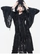 Punk Style Personality Asymmetrical Chest Beaded Lace Decoration Knitted Trumpet Sleeves Black Tassel Hooded Coat