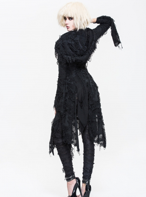 Punk Style Personality Asymmetrical Chest Beaded Lace Decoration Knitted Trumpet Sleeves Black Tassel Hooded Coat