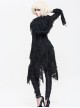 Punk Style Personality Asymmetrical Chest Beaded Lace Decoration Knitted Trumpet Sleeves Black Tassel Hooded Coat