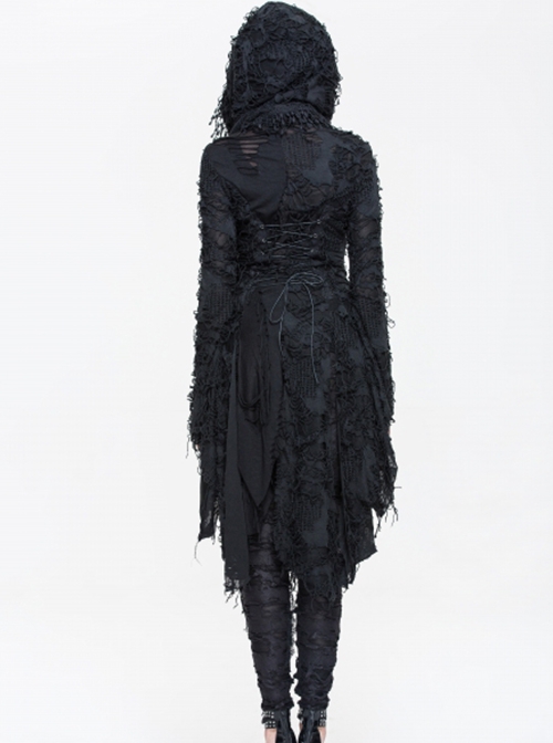 Punk Style Personality Asymmetrical Chest Beaded Lace Decoration Knitted Trumpet Sleeves Black Tassel Hooded Coat