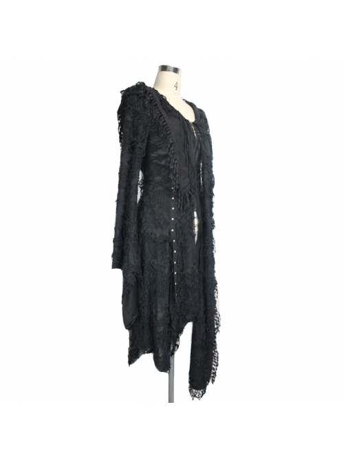 Punk Style Personality Asymmetrical Chest Beaded Lace Decoration Knitted Trumpet Sleeves Black Tassel Hooded Coat