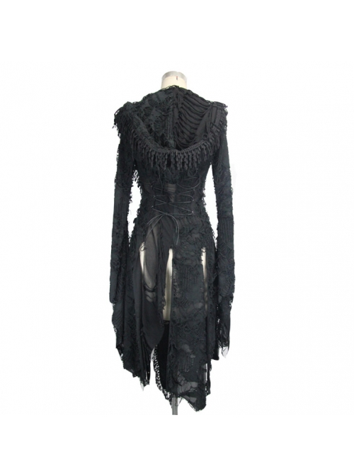 Punk Style Personality Asymmetrical Chest Beaded Lace Decoration Knitted Trumpet Sleeves Black Tassel Hooded Coat