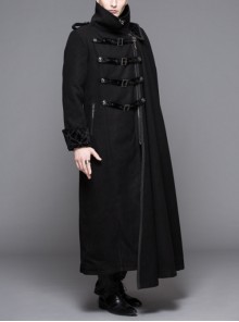 Punk Style High Cold Warm Double Faced Wool Material Detachable One Shoulder Collar Leaf Pin Black Men's Long Sleeved Coat
