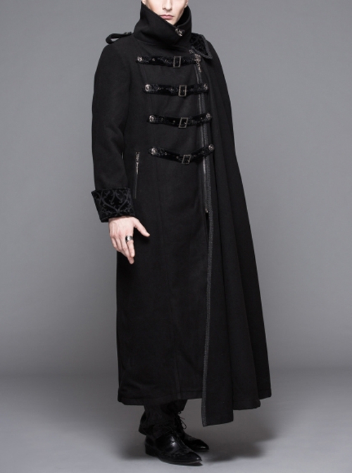 Punk Style High Cold Warm Double Faced Wool Material Detachable One Shoulder Collar Leaf Pin Black Men's Long Sleeved Coat