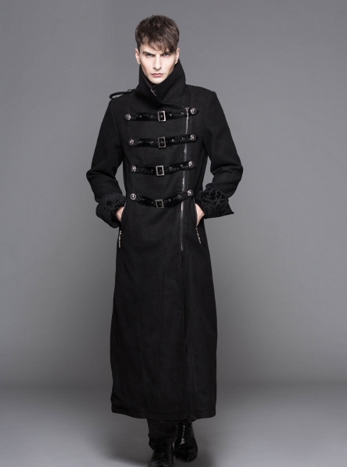 Punk Style High Cold Warm Double Faced Wool Material Detachable One Shoulder Collar Leaf Pin Black Men's Long Sleeved Coat