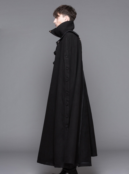 Punk Style High Cold Warm Double Faced Wool Material Detachable One Shoulder Collar Leaf Pin Black Men's Long Sleeved Coat