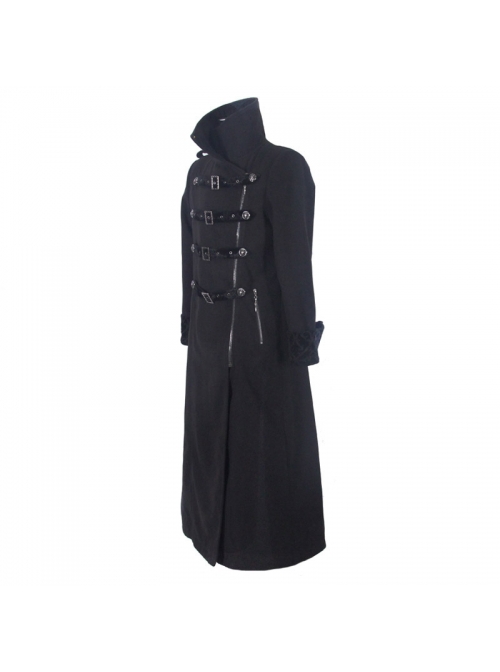 Punk Style High Cold Warm Double Faced Wool Material Detachable One Shoulder Collar Leaf Pin Black Men's Long Sleeved Coat
