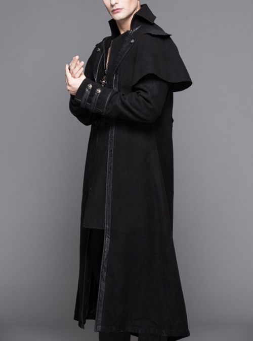 Gothic Style Personality Fake Two Piece Faux Leather Fabric Waist Ruffle Black Slit Double Faced Coat