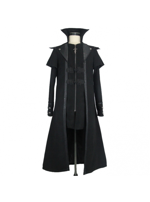 Gothic Style Personality Fake Two Piece Faux Leather Fabric Waist Ruffle Black Slit Double Faced Coat