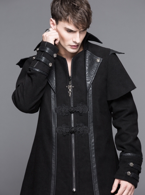 Gothic Style Personality Fake Two Piece Faux Leather Fabric Waist Ruffle Black Slit Double Faced Coat