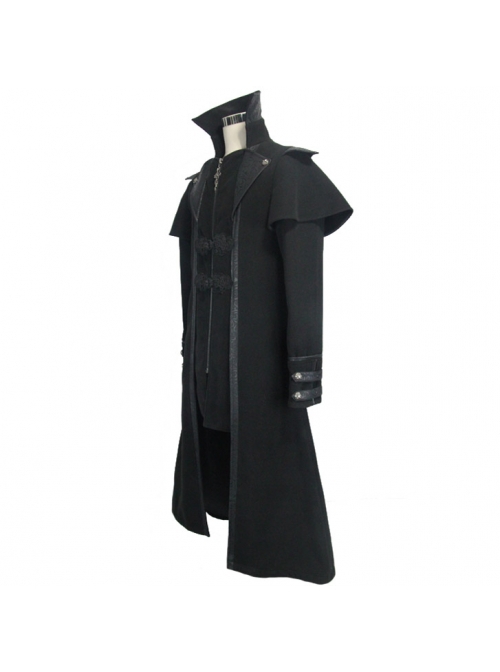 Gothic Style Personality Fake Two Piece Faux Leather Fabric Waist Ruffle Black Slit Double Faced Coat