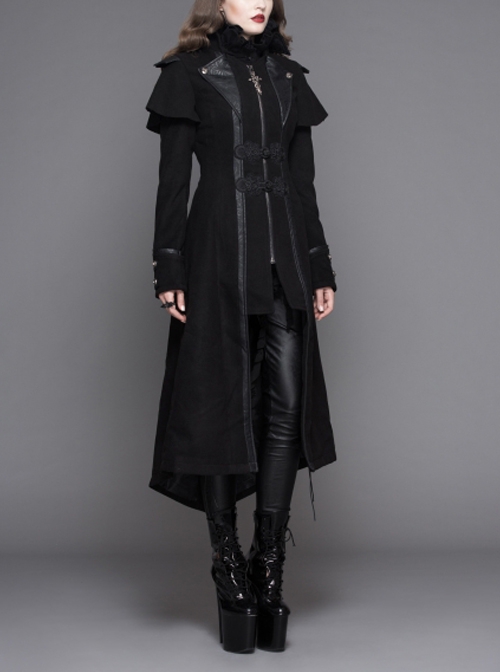 Gothic Style Personality Fake Two Piece Faux Leather Fabric Waist Ruffle Black Women's Slit Double Faced Jacket