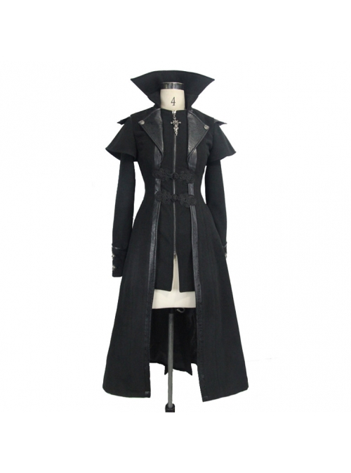 Gothic Style Personality Fake Two Piece Faux Leather Fabric Waist Ruffle Black Women's Slit Double Faced Jacket