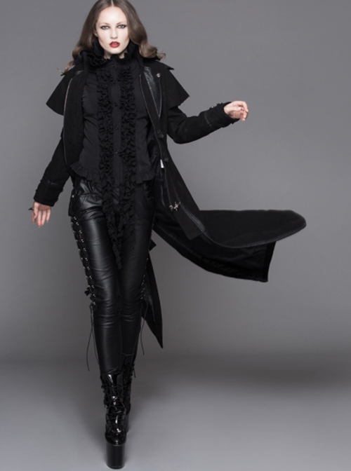 Gothic Style Personality Fake Two Piece Faux Leather Fabric Waist Ruffle Black Women's Slit Double Faced Jacket