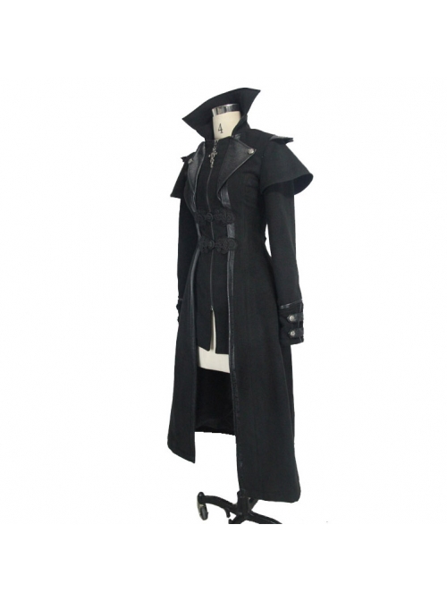 Gothic Style Personality Fake Two Piece Faux Leather Fabric Waist Ruffle Black Women's Slit Double Faced Jacket