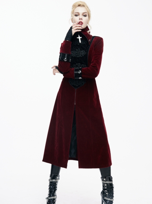 Gothic Style Warm Weft Velvet Front Center Stitching Embossed Pattern With Hemming Ribbon Black And Red Women's Plum Blossom Jacket