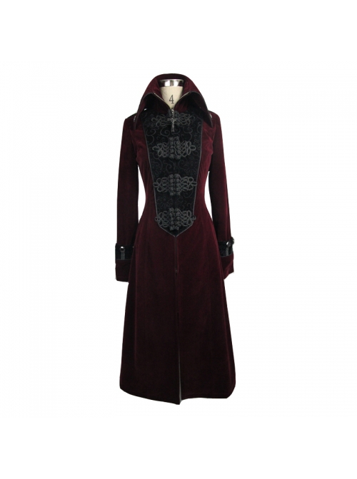 Gothic Style Warm Weft Velvet Front Center Stitching Embossed Pattern With Hemming Ribbon Black And Red Women's Plum Blossom Jacket
