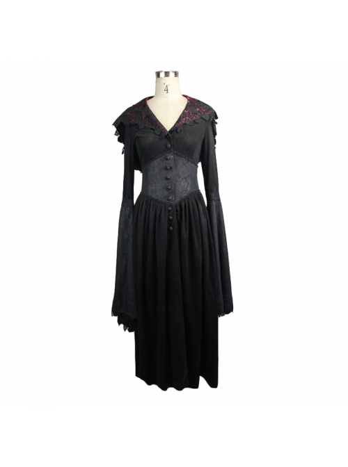 Gothic Suede Slit Lace Waist Dark Pattern Waist Black And Red Trumpet Sleeve Hooded Coat