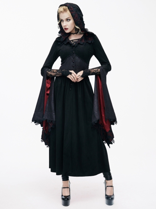 Gothic Suede Slit Lace Waist Dark Pattern Waist Black And Red Trumpet Sleeve Hooded Coat