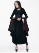 Gothic Suede Slit Lace Waist Dark Pattern Waist Black And Red Trumpet Sleeve Hooded Coat