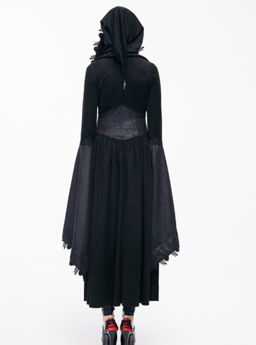 Gothic Suede Slit Lace Waist Dark Pattern Waist Black And Red Trumpet Sleeve Hooded Coat