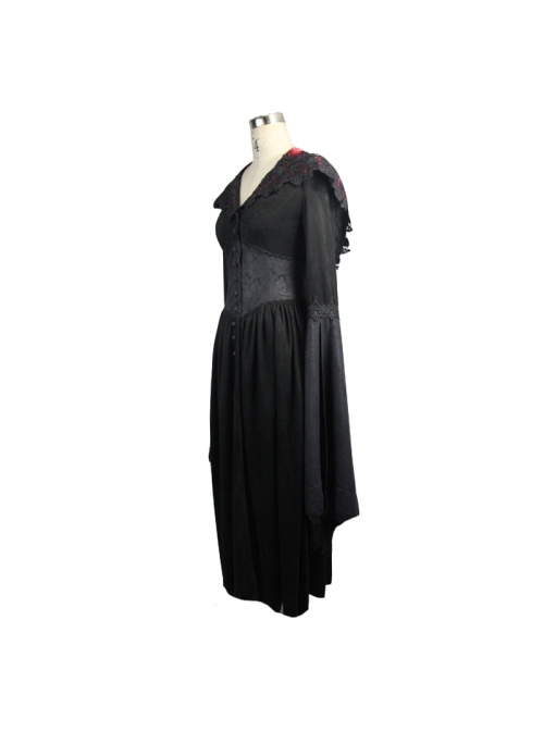 Gothic Suede Slit Lace Waist Dark Pattern Waist Black And Red Trumpet Sleeve Hooded Coat