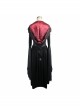 Gothic Suede Slit Lace Waist Dark Pattern Waist Black And Red Trumpet Sleeve Hooded Coat