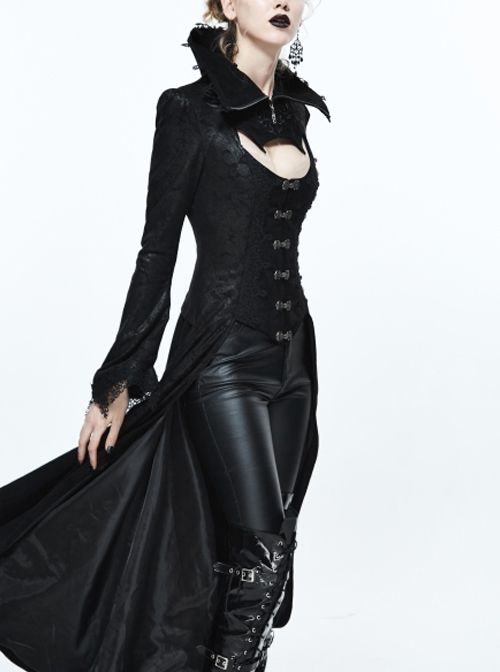 Gothic Style Exquisite Dark Pattern Splicing Suede Fabric Hollow Chest Stand Collar Black Lace Trumpet Sleeve Jacket