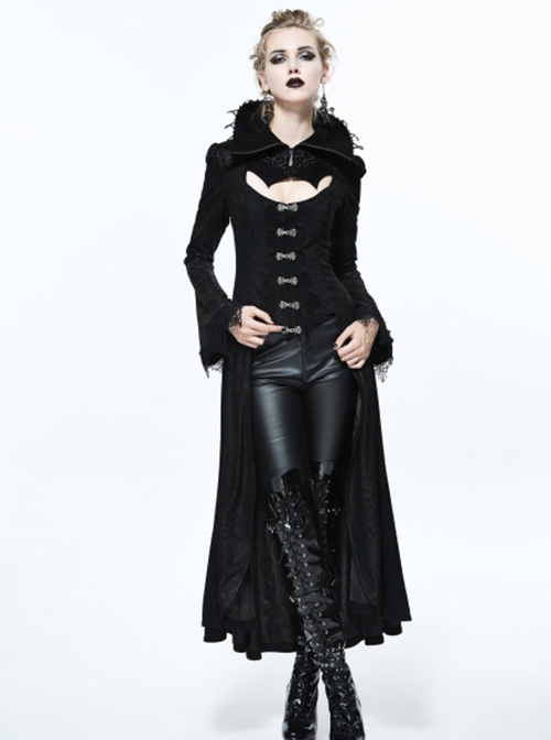 Gothic Style Exquisite Dark Pattern Splicing Suede Fabric Hollow Chest Stand Collar Black Lace Trumpet Sleeve Jacket
