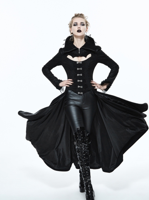 Gothic Style Exquisite Dark Pattern Splicing Suede Fabric Hollow Chest Stand Collar Black Lace Trumpet Sleeve Jacket