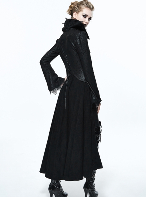 Gothic Style Exquisite Dark Pattern Splicing Suede Fabric Hollow Chest Stand Collar Black Lace Trumpet Sleeve Jacket