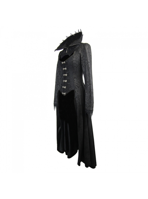 Gothic Style Exquisite Dark Pattern Splicing Suede Fabric Hollow Chest Stand Collar Black Lace Trumpet Sleeve Jacket
