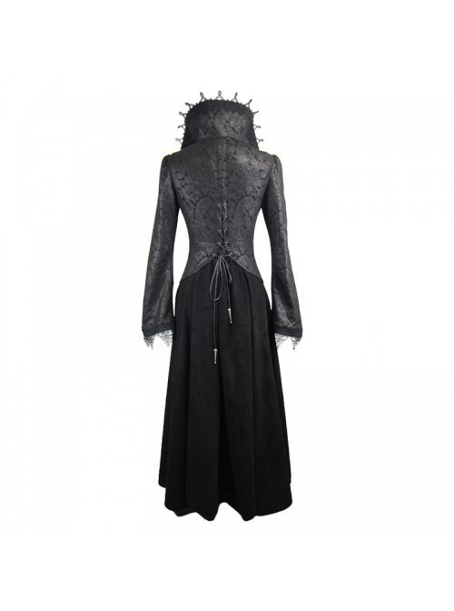 Gothic Style Exquisite Dark Pattern Splicing Suede Fabric Hollow Chest Stand Collar Black Lace Trumpet Sleeve Jacket