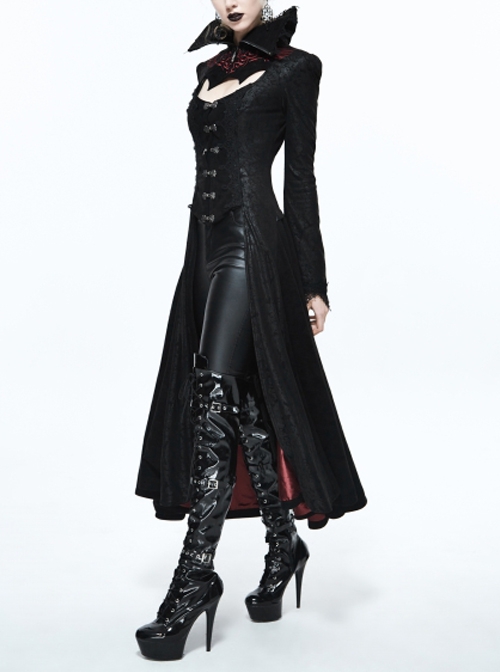 Gothic Style Exquisite Dark Pattern Splicing Suede Fabric Hollow Chest Stand Collar Black And Red Lace Trumpet Sleeve Jacket