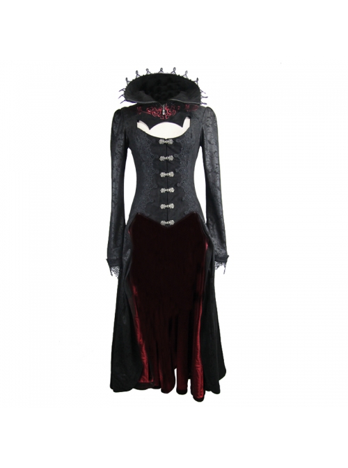 Gothic Style Exquisite Dark Pattern Splicing Suede Fabric Hollow Chest Stand Collar Black And Red Lace Trumpet Sleeve Jacket