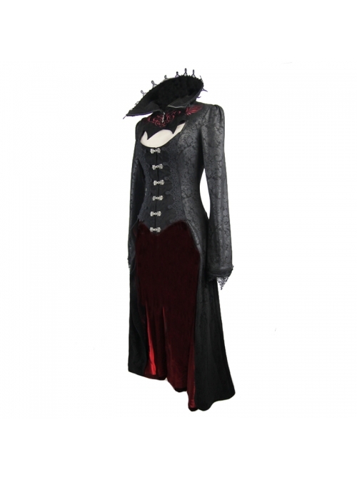 Gothic Style Exquisite Dark Pattern Splicing Suede Fabric Hollow Chest Stand Collar Black And Red Lace Trumpet Sleeve Jacket