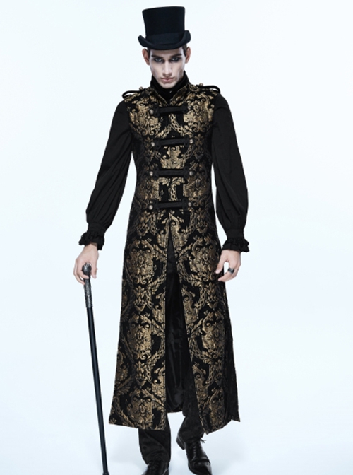 Gothic Style Elegant Palace Jacquard Fabric Chest Spiral Buckle Black And Golden Long Men's Vest