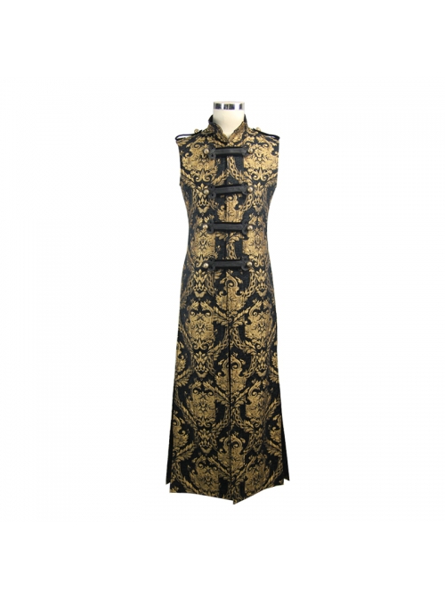 Gothic Style Elegant Palace Jacquard Fabric Chest Spiral Buckle Black And Golden Long Men's Vest