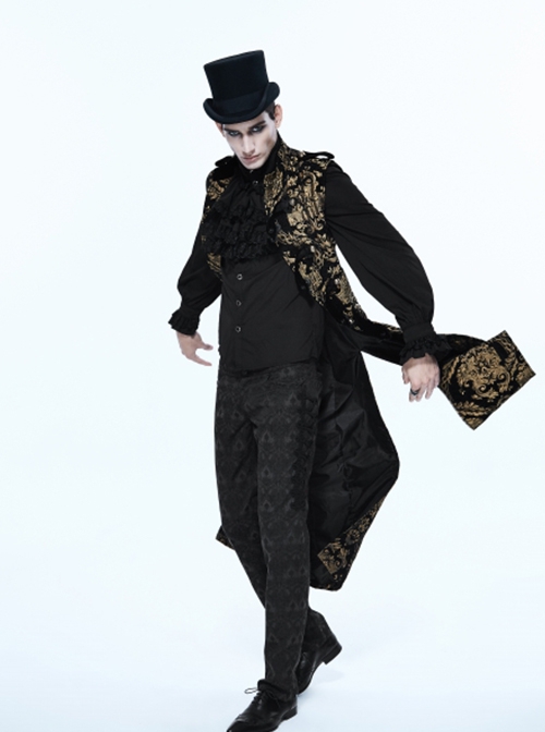 Gothic Style Elegant Palace Jacquard Fabric Chest Spiral Buckle Black And Golden Long Men's Vest