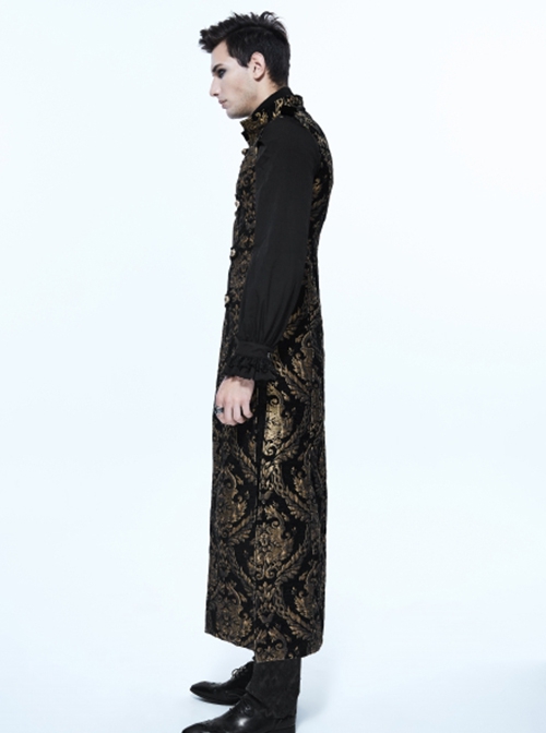 Gothic Style Elegant Palace Jacquard Fabric Chest Spiral Buckle Black And Golden Long Men's Vest