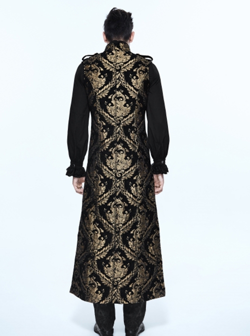 Gothic Style Elegant Palace Jacquard Fabric Chest Spiral Buckle Black And Golden Long Men's Vest