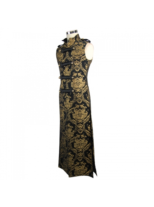 Gothic Style Elegant Palace Jacquard Fabric Chest Spiral Buckle Black And Golden Long Men's Vest
